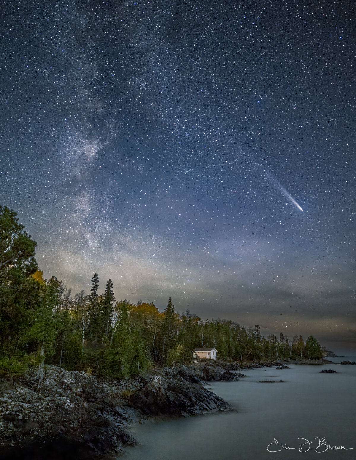Celestial Serenity, comet over the coastline by Eric D. Brown