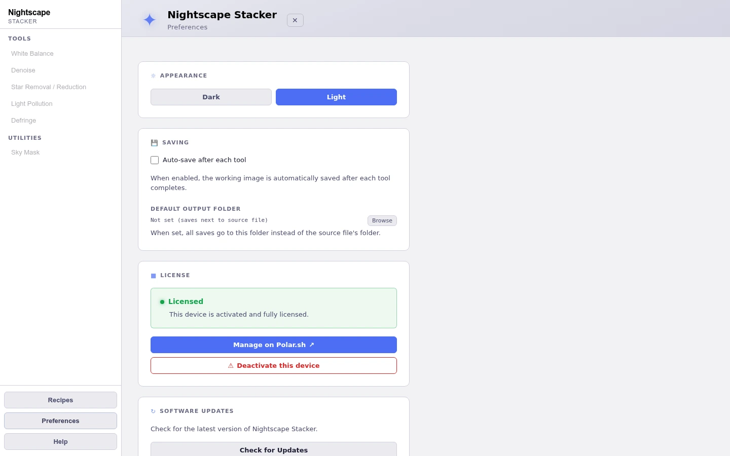 Dark or light theme, auto-save, and license management built in.
