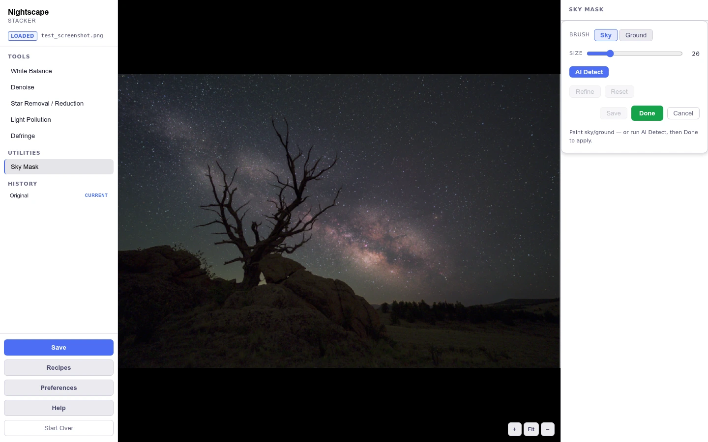The AI sky mask separates sky from foreground automatically.