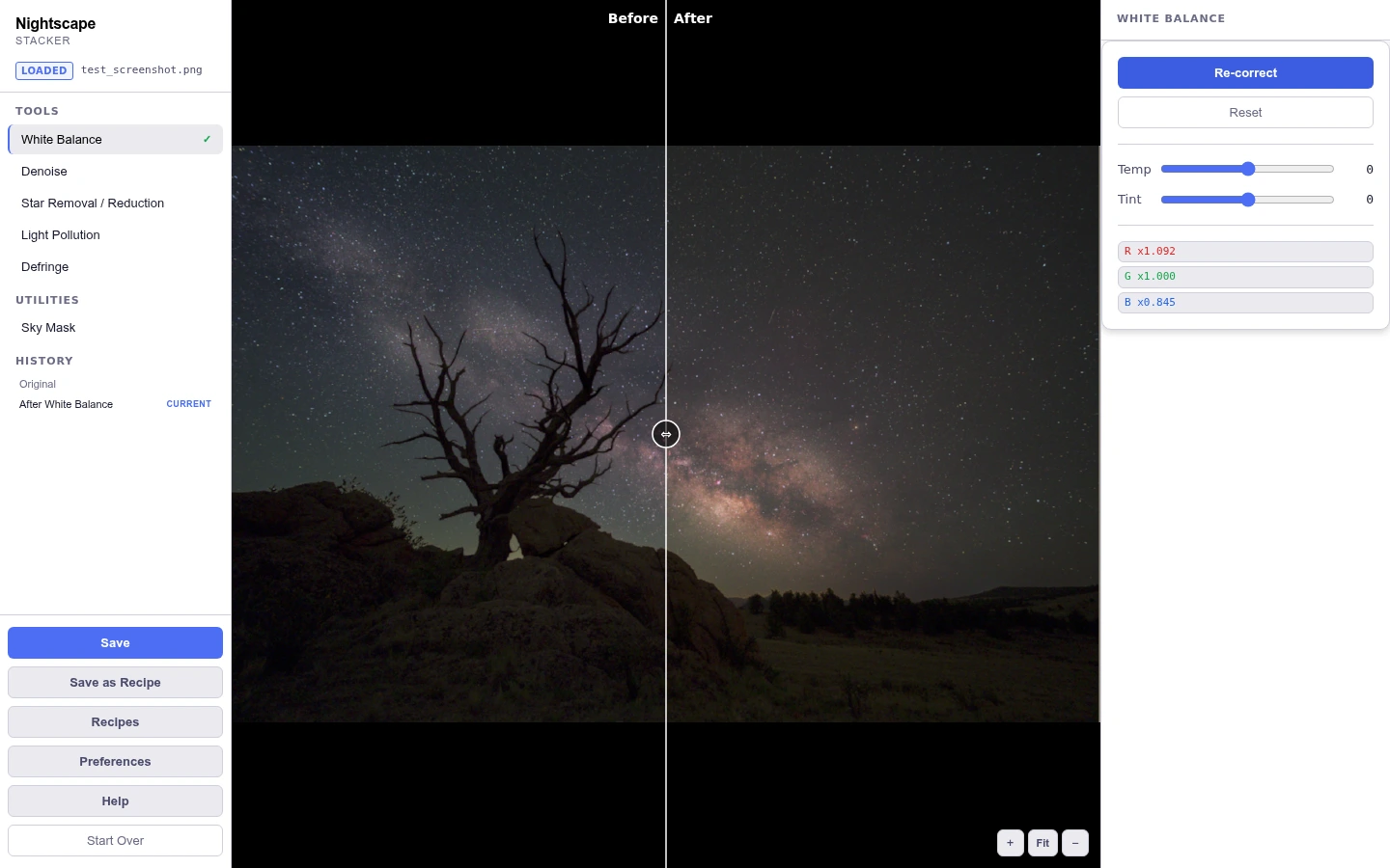 Auto white balance, with a live before/after split slider.